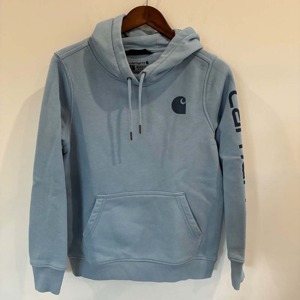 Carhartt Womens Relaxed Fit Logo Graphic Hoodie Light Blue TS0288-W Small 4-6